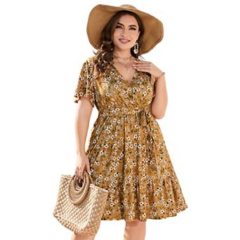 Women's Plus Size Wrap V Neck Mini Dress Short Sleeve Tie Waist Tiered Ruffle Dress