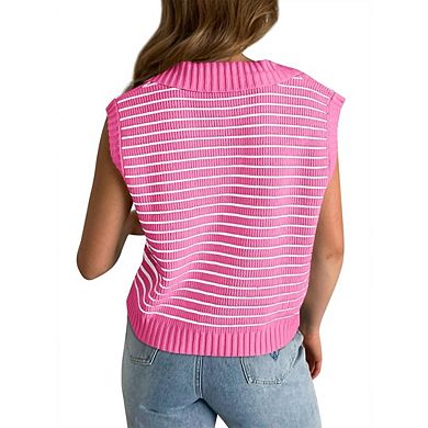 Women's Casual V-Neck Short Sleeve Sweater Top Sleeveless Striped Sweater Vest