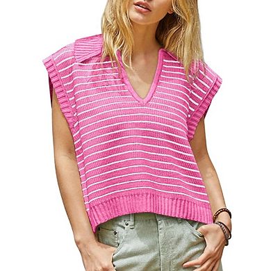 Women's Casual V-Neck Short Sleeve Sweater Top Sleeveless Striped Sweater Vest