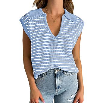 Women's Casual V-Neck Short Sleeve Sweater Top Sleeveless Striped Sweater Vest