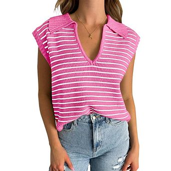 Women's Casual V-Neck Short Sleeve Sweater Top Sleeveless Striped Sweater Vest