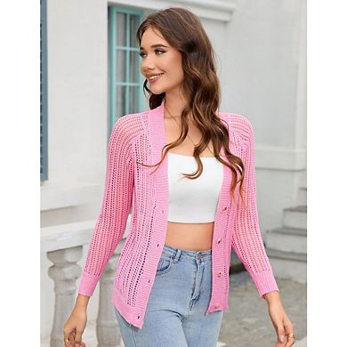 Women's Cardigan Sweaters Pointelle Button Up Crochet Cropped Cardigan Trendy Shrugs