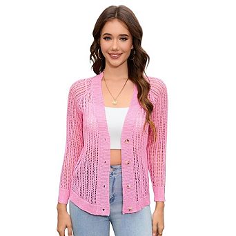 Women's Cardigan Sweaters Pointelle Button Up Crochet Cropped Cardigan Trendy Shrugs