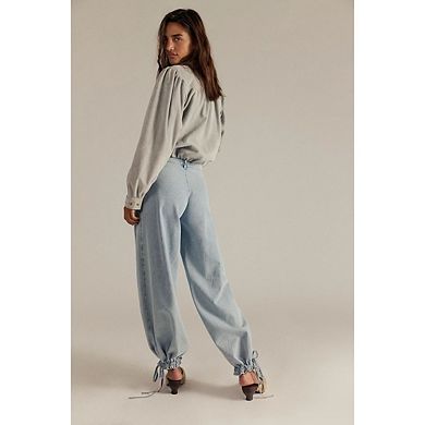 Women's Retro Jeans Baggy Wide Leg Barrel Jeans Drawstring Ankle Loose Denim Pants with Pockets
