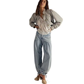 Women's Retro Jeans Baggy Wide Leg Barrel Jeans Drawstring Ankle Loose Denim Pants with Pockets