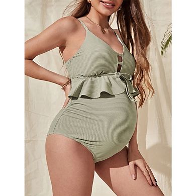 Women's Maternity Swimsuit One Piece Ruffle Tie Bathing Suit Pregnancy Swimwear Solid Beachwear