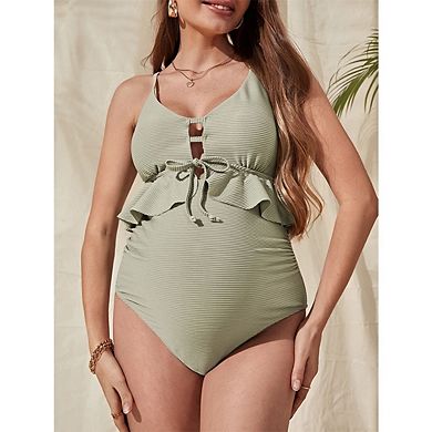 Women's Maternity Swimsuit One Piece Ruffle Tie Bathing Suit Pregnancy Swimwear Solid Beachwear