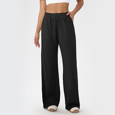 Women's Wide Leg Pants Waffle Elastic Waist Loose Casual Pant Soft Comfy with Pockets