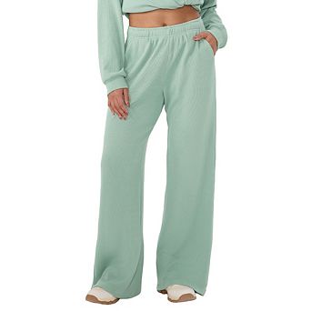 Women's Wide Leg Pants Waffle Elastic Waist Loose Casual Pant Soft Comfy with Pockets