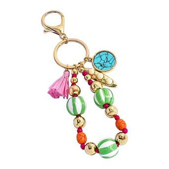 Emberly Gold Tone Striped Bead Tassel Charm Keychain