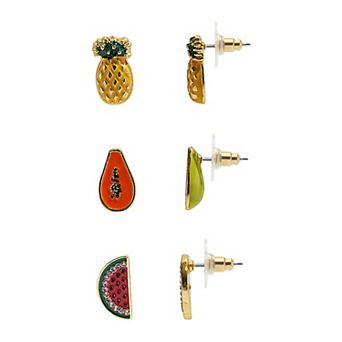 Emberly 3-Pair Gold Tone Fruit Stud Earring Set