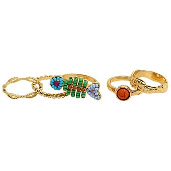 Emberly 5 pc Gold Tone Raffia Floral Ring Set