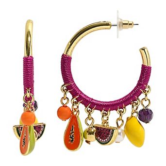 Emberly Gold Tone Fuchsia Raffia Fruit Hoop Earrings
