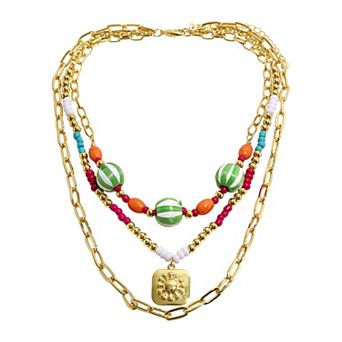 Emberly Gold Tone Striped Bead Tassel Layered Necklace