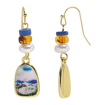 Emberly Gold Tone Painted Seascape Drop Earrings