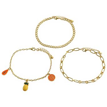 Emberly 3 pc Gold Tone Multi Fruit Chain Anklet Set