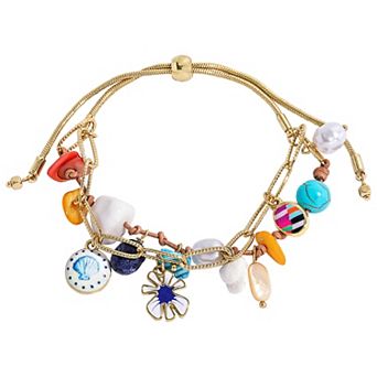 Emberly Gold Tone Floral Shell & Simulated Pearl Pull-Tie Bracelet