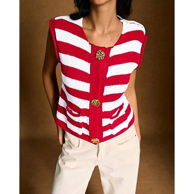 Women's Striped Knitted Vest Sleeveless Button Down Cropped Waffle Knit Sweater Vest