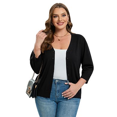 Women's Plus Size Cardigan 3/4 Sleeve V-Neck Sweater with Button Design Multiple Colors