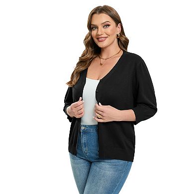 Women's Plus Size Cardigan 3/4 Sleeve V-Neck Sweater with Button Design Multiple Colors