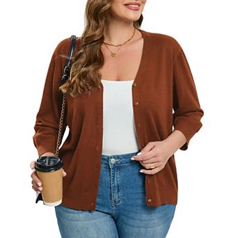 Women's Plus Size Cardigan 3/4 Sleeve V-Neck Sweater with Button Design Multiple Colors