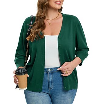 Women's Plus Size Cardigan 3/4 Sleeve V-Neck Sweater with Button Design Multiple Colors