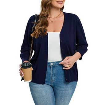 Women's Plus Size Cardigan 3/4 Sleeve V-Neck Sweater with Button Design Multiple Colors