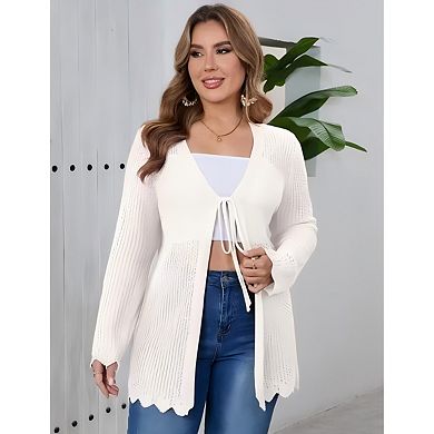 Women's Plus Size Cardigan Tie Front Sweater with Hollow Out Design