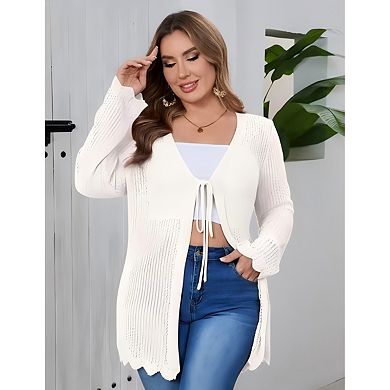 Women's Plus Size Cardigan Tie Front Sweater with Hollow Out Design