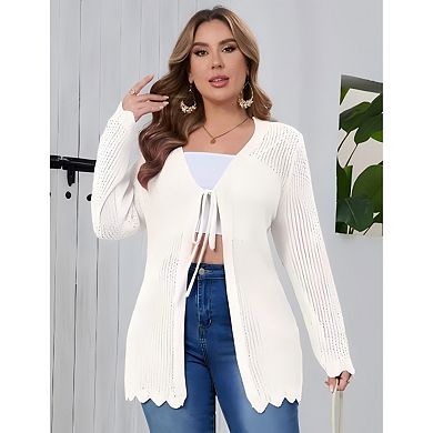 Women's Plus Size Cardigan Tie Front Sweater with Hollow Out Design