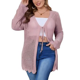 Women's Plus Size Cardigan Tie Front Sweater with Hollow Out Design