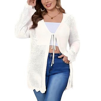 Women's Plus Size Cardigan Tie Front Sweater with Hollow Out Design