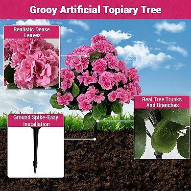 Artificial Begonia Topiary Ball Trees (2-Pack), 23" Lifelike Fake Bushes with Planting Stakes, UV