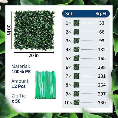 Artificial Grass Wall Panels 20"x20", 12 Pcs Hedge Panels with 50 Zip Ties, Sun Proected Privacy