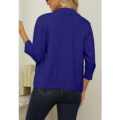 Women's Lightweight 3/4 Sleeve Cropped Cardigan Soft Open Front Knit Sweater