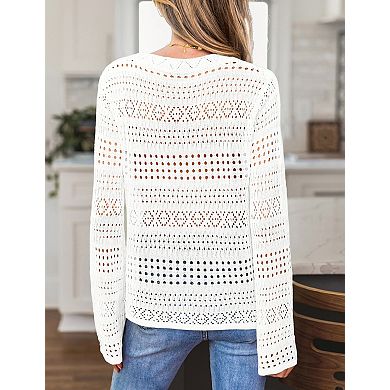 Women's Long Sleeve Casual Knit Crochet Hollow Out Pullover Lightweight Sweater