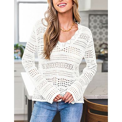 Women's Long Sleeve Casual Knit Crochet Hollow Out Pullover Lightweight Sweater