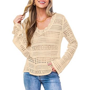 Women's Long Sleeve Casual Knit Crochet Hollow Out Pullover Lightweight Sweater