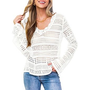 Women's Long Sleeve Casual Knit Crochet Hollow Out Pullover Lightweight Sweater