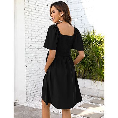 Women V-Neck Chest Tie Lotus Leaf Sleeve Maternity Dress