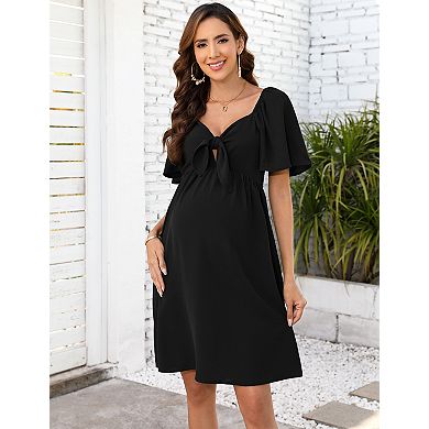 Women V-Neck Chest Tie Lotus Leaf Sleeve Maternity Dress