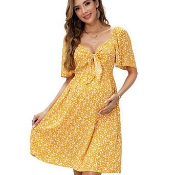 Women V-Neck Chest Tie Lotus Leaf Sleeve Maternity Dress