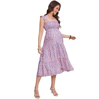 Maternity Square Neck Ruffle Sleeve Dress Floral Solid Tiered Midi Dress for Baby Shower Vacation