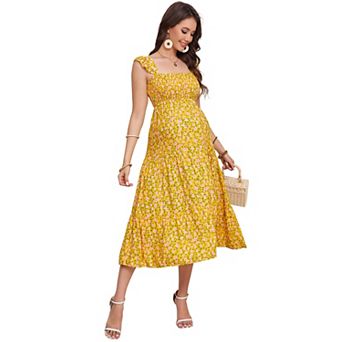 Maternity Square Neck Ruffle Sleeve Dress Floral Solid Tiered Midi Dress for Baby Shower Vacation