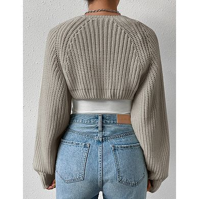 Women's Long Sleeve Open Front Knit Crop Cardigan Shrug Sweater Cover-Up