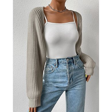 Women's Long Sleeve Open Front Knit Crop Cardigan Shrug Sweater Cover-Up