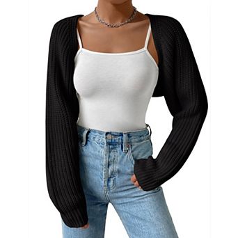 Women's Long Sleeve Open Front Knit Crop Cardigan Shrug Sweater Cover-Up