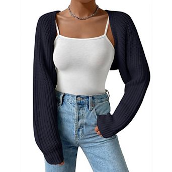 Women's Open Front Knit Crop Long Sleeve Cardigan Shrug Sweater Cover-Up