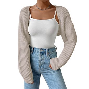 Women's Open Front Knit Crop Long Sleeve Cardigan Shrug Sweater Cover-Up
