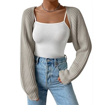 Women's Open Front Knit Crop Long Sleeve Cardigan Shrug Sweater Cover-Up